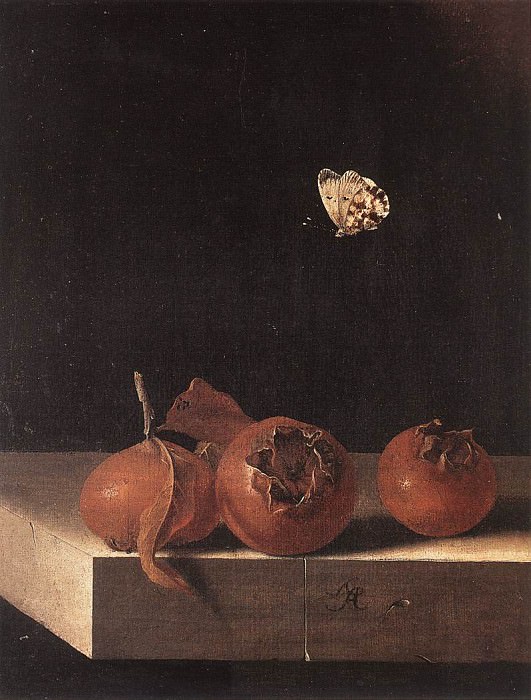 COORTE Adriaen Three Medlars With A Butterfly. Dutch painters