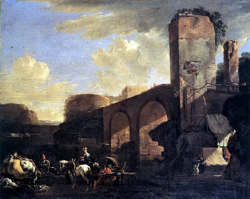 Асселин Ян (1615-52) - Итальянский пейзаж с рекой и арочным мостом. Голландские художники