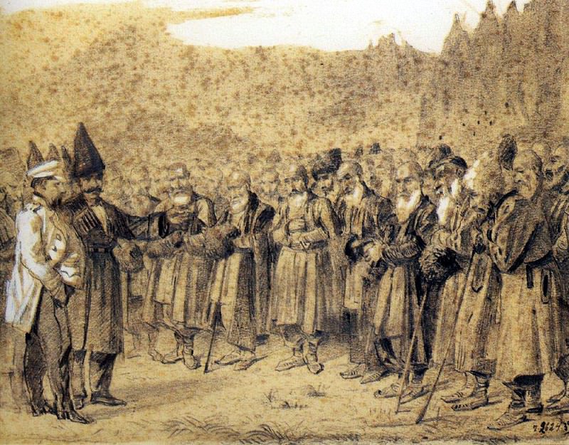 Presentation superiors (Russian officer and Caucasians). 1863-1864. Vasily Vereshchagin