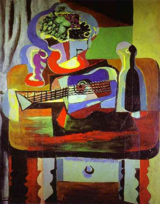 1919 guitare, Bouteille, coupe avec fruits et verre sur la table. Pablo Picasso (1881-1973) Period of creation: 1919-1930