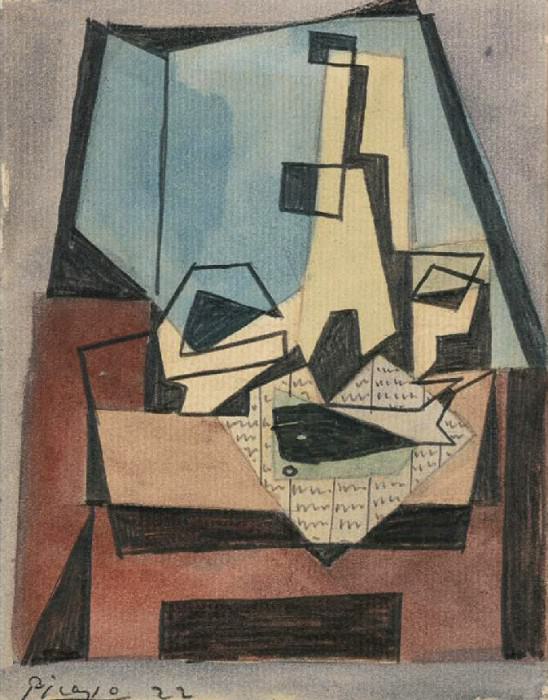 1922 Verre, bouteille, poisson sur un journal. Пабло Пикассо (1881-1973) Период: 1919-1930