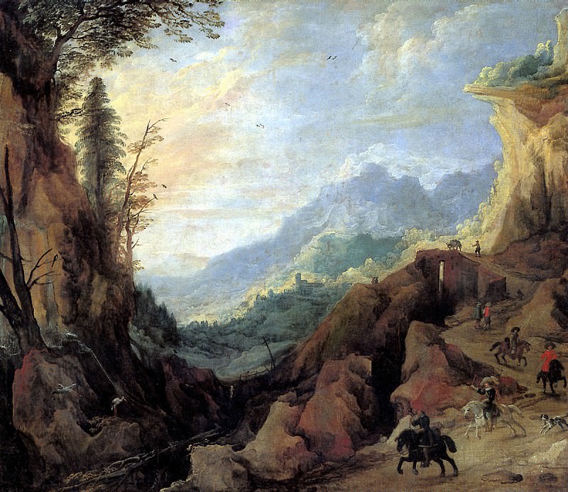 MOMPER JOS DE - Landscape in the mountains with a bridge and four horsemen. Louvre (Paris)