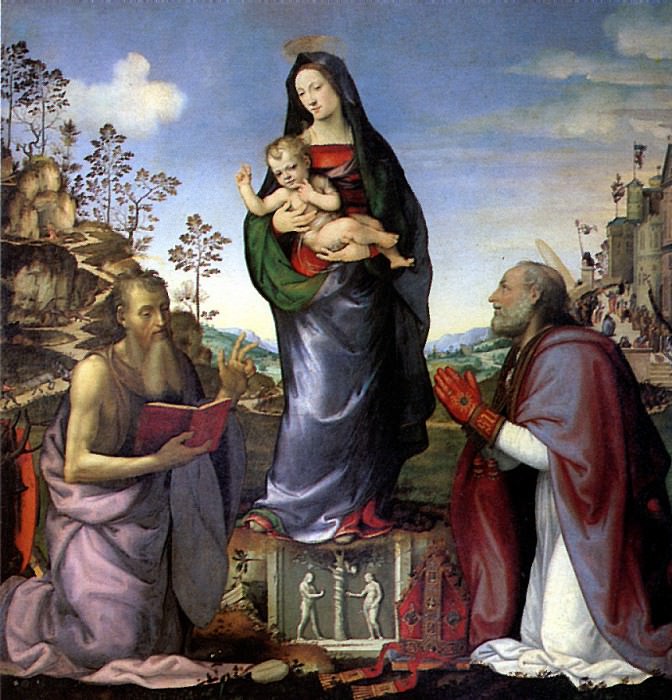 АЛЬБЕРТИНЕЛЛИ МАРИОТТО - Мадонна с младенцем и со святыми Иеронимом и Зенобием, 1506 (в соавторстве с Франческо Франчабиджо). Лувр (Париж)