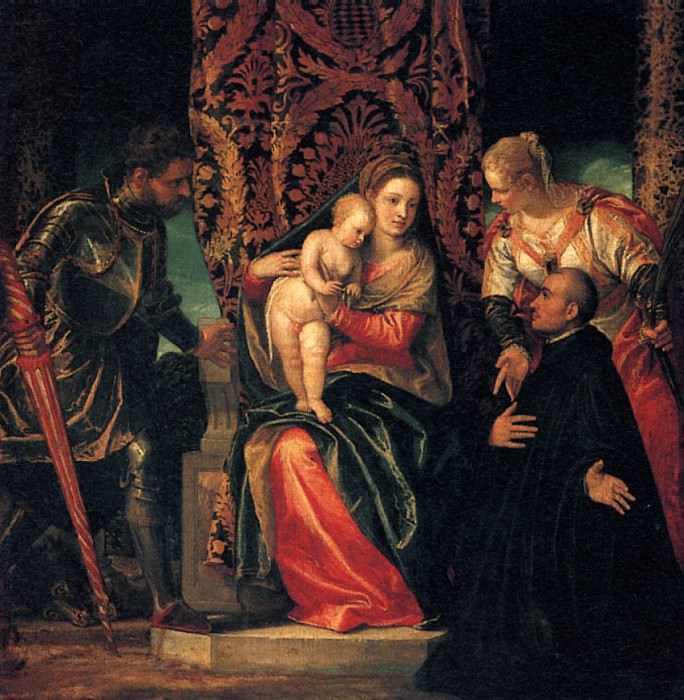 BEPOHЕЗЕ - Мадонна с младенцем, со святыми Юстином и Георгием и бенедиктинскнм монахом.. Лувр (Париж)