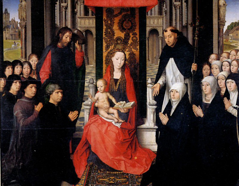MEMLING - Mary and Child with St. Jacob and St. Dominic, as patrons of donors and their families, or the Madonna of Jacques Florin. Louvre (Paris)