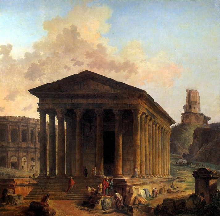 ROBERT HUBERT - Maison Carré in Nimes with the amphitheater and the Great Tower. Louvre (Paris)