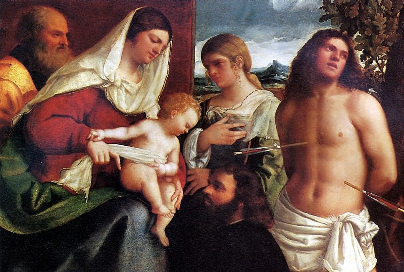 DFEL PIOMBO SEBASTIANO - The Holy Family with St. Catherine, St. Sebastian and with a donor, or Sacra Conversazione (Holy Conversation). Louvre (Paris)