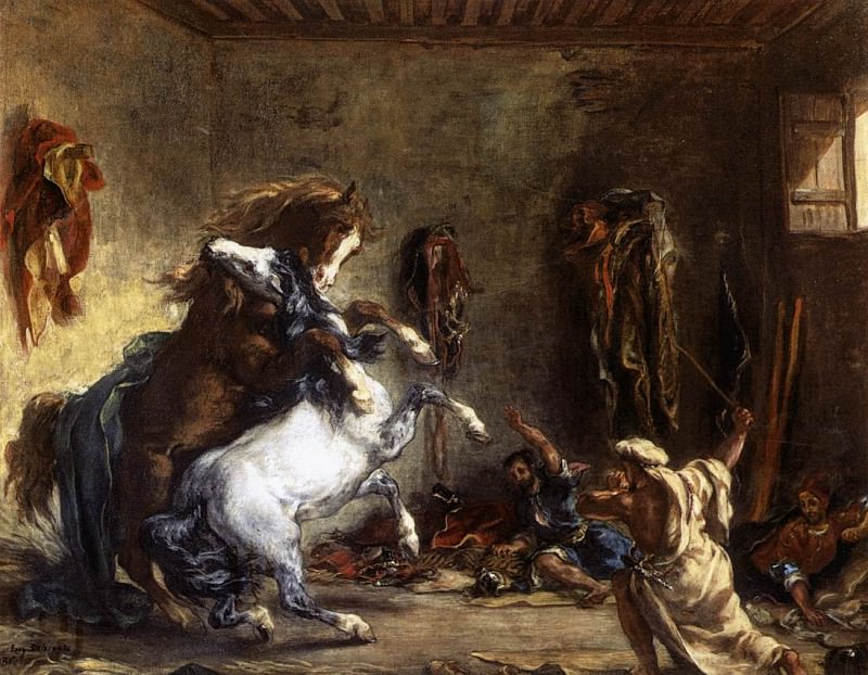 Arab Horses Fighting in a Stable. Ferdinand Victor Eugène Delacroix