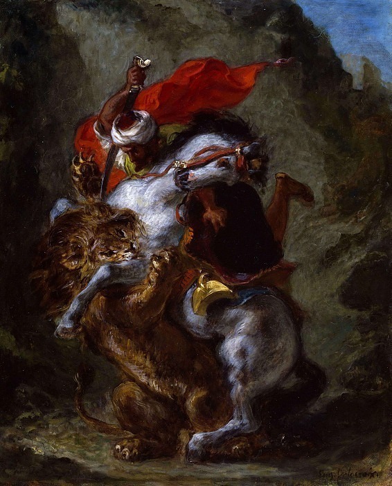 Arab Horseman Attacked by a Lion. Ferdinand Victor Eugène Delacroix
