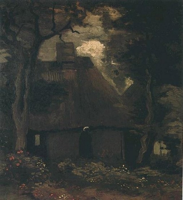 Cottage with Trees and Peasant Woman. Vincent van Gogh