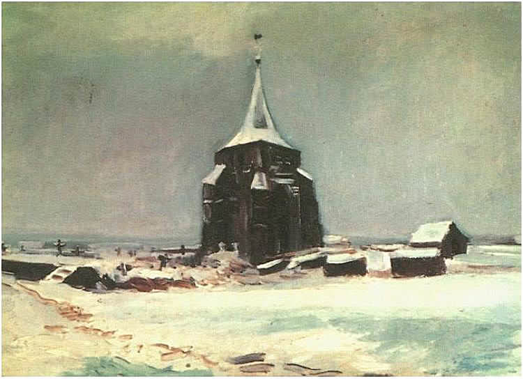 Старая кладбищенская башня в Нейнене в снег. Винсент Ван Гог