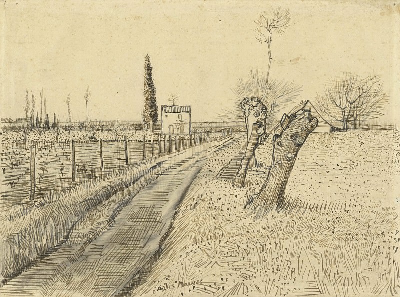Пейзаж с дорогой и подстриженными деревьями, Винсент Ван Гог