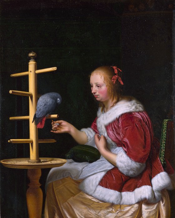 Frans van Mieris the Elder - A Woman in a Red Jacket feeding a Parrot. Part 2 National Gallery UK