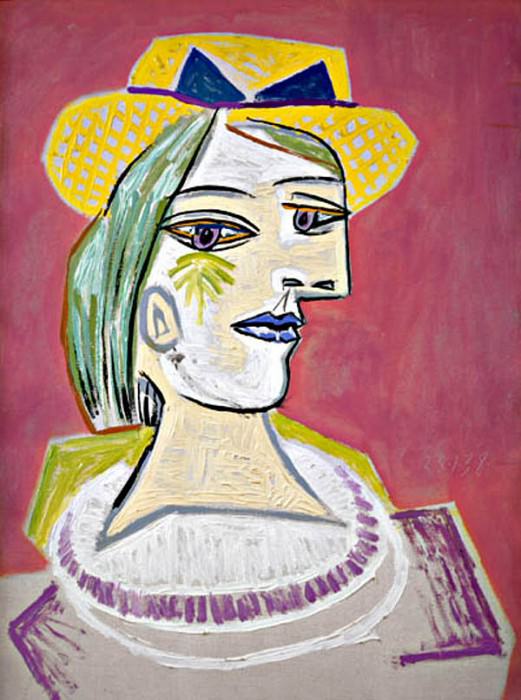1938 Portrait de femme au chapeau de paille sur fond rose. Pablo Picasso (1881-1973) Period of creation: 1931-1942