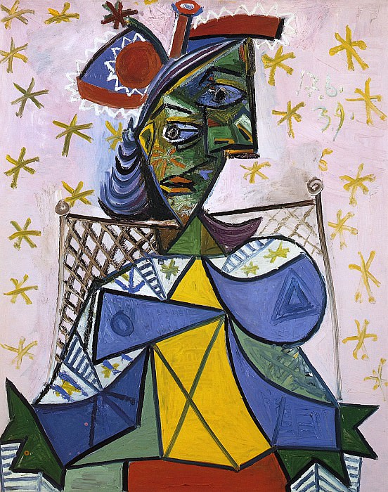 1939 Femme assise sur un fauteuil avec un chapeau rouge et bleu sur fond rose - Вtoiles jaunes. Pablo Picasso (1881-1973) Period of creation: 1931-1942