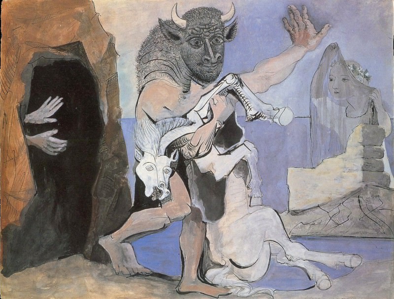 1936 Minotaure et jument morte devant une grotte face Е une fille au voile. Pablo Picasso (1881-1973) Period of creation: 1931-1942