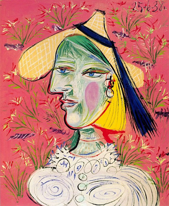 1938 Femme au chapeau de paille sur fond fleuri. Pablo Picasso (1881-1973) Period of creation: 1931-1942