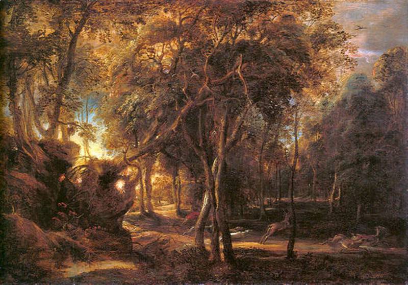Рассвет в лесу с охотой на оленей, Питер Пауль Рубенс