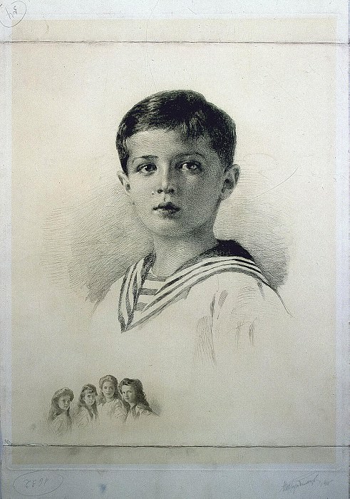Rundaltsov, Mikhail Viktorovich - Portrait of an heir, Tsarevich Alexei Nikolaevich with portraits of his sisters, remarks. Hermitage ~ part 10