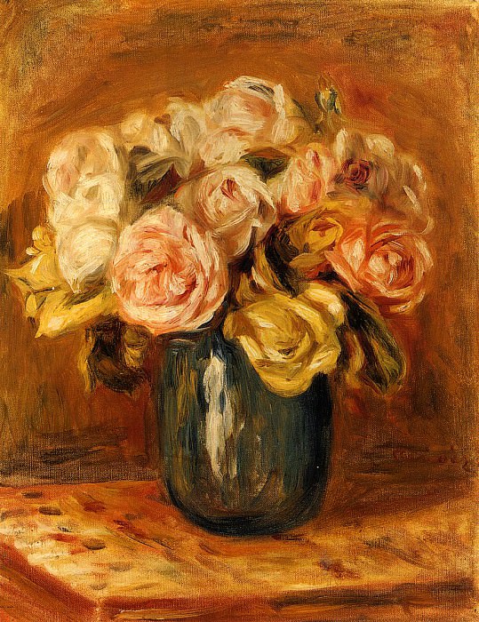 Roses in a Blue Vase. Pierre-Auguste Renoir