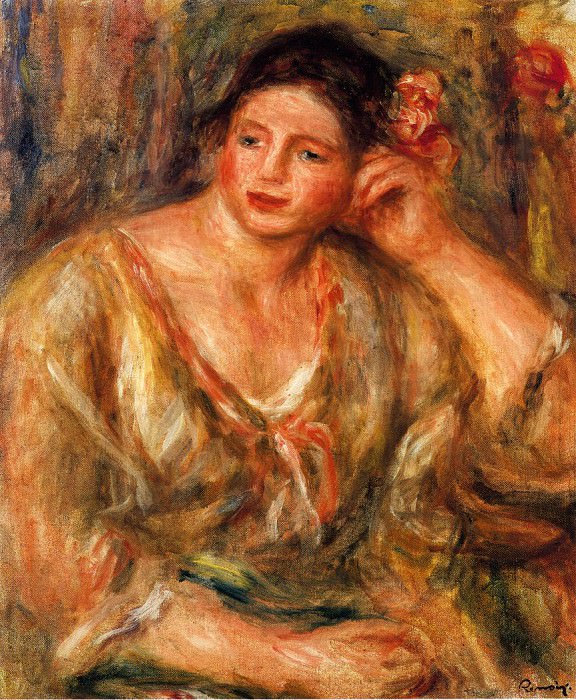 Madeleine Leaning on Her Elbow with Flowers in Her Hair. Pierre-Auguste Renoir