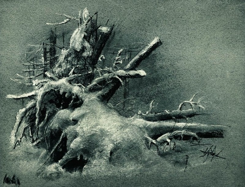 Выкорчеванные пни под снегом 1890-е Бумага. уголь, мел 23х31. 1, Иван Иванович Шишкин