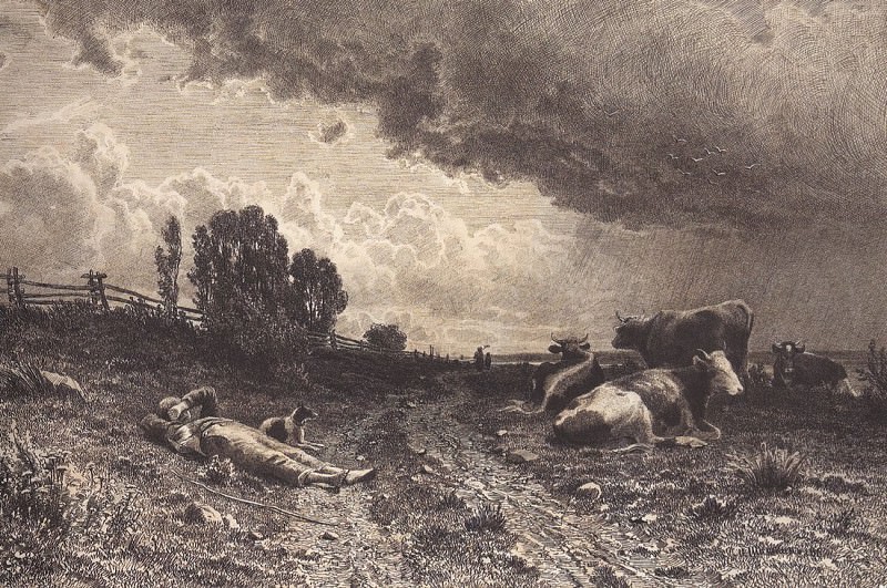 Летом в поле (Пастух со стадом). Первая половина 1860-х 28, 4х42. Иван Иванович Шишкин