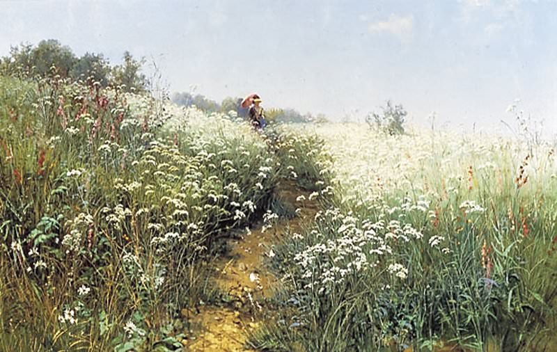 Женщина под зонтиком на цветущем лугу 1881 66х107. Иван Иванович Шишкин