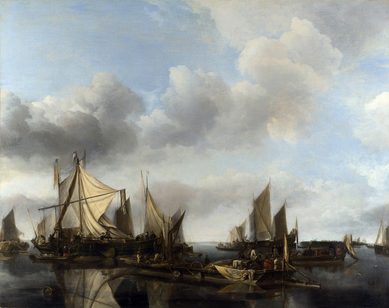Jan van de Cappelle - A River Scene with a Large Ferry. Part 4 National Gallery UK