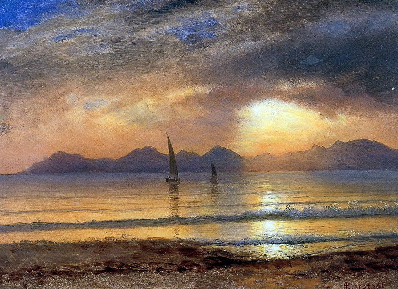 Bierstadt Albert Sunset over a Mountain Lake. Albert Bierstadt