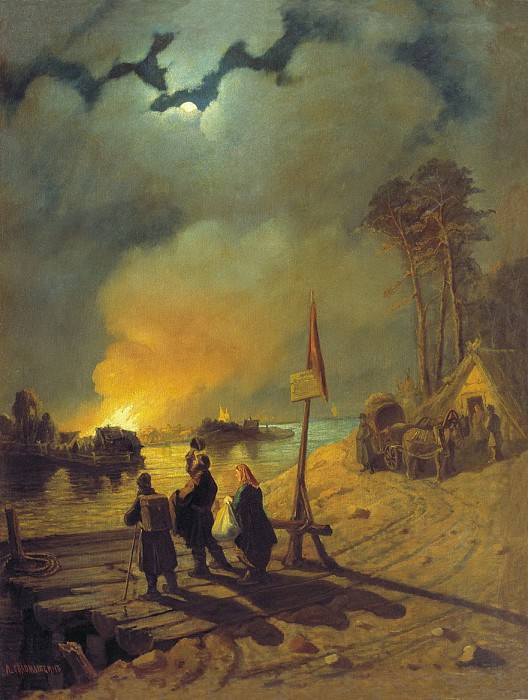 Fire in the village. Scene at the ferry (Fire on the Volga). Leonid Solomatkin
