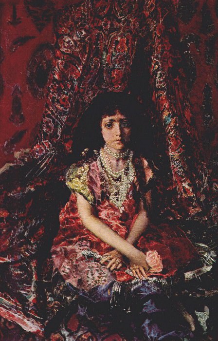 vrubel girl against a persian carpet background 1885. Mikhail Vrubel