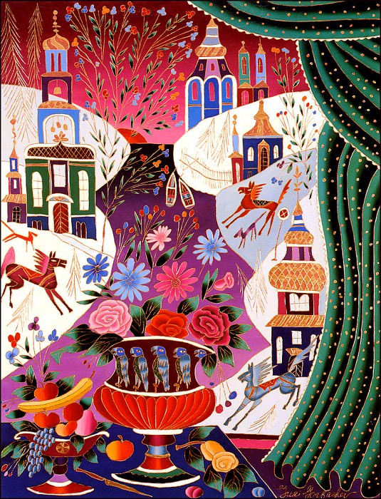 Натюрморт с цветами и зимним пейзажем. Юрий Горбачев
