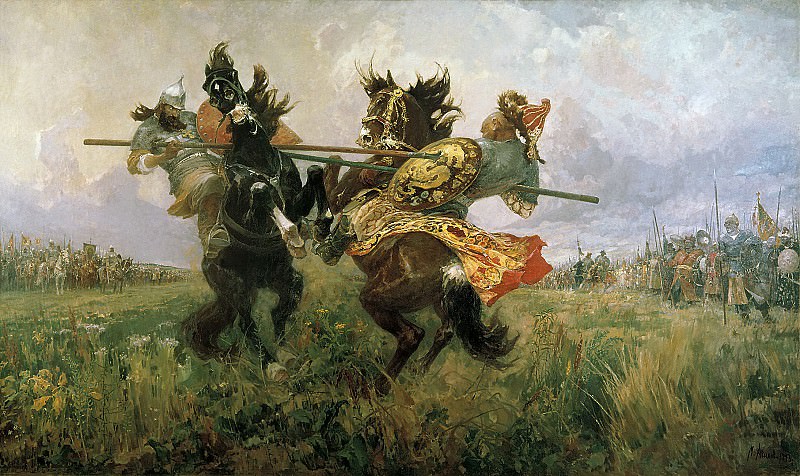 Duel between Peresvet and Chelubey on the Kulikovo field. Mikhail Avilov