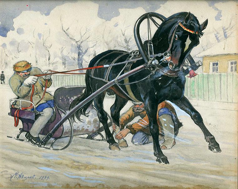 Horse harnessed to sled. Mikhail Avilov