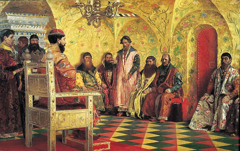 The seat of Tsar Mikhail Fedorovich with the boyars in his sovereign’s room. 1893, oil on canvas, 147x233. Andrei Riabushkin