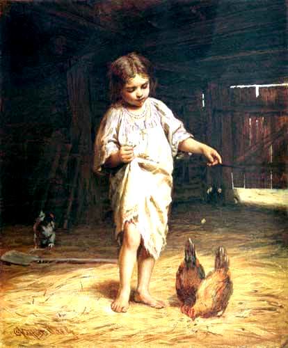 Girl with chickens. Firs Sergeevich Zhuravlev