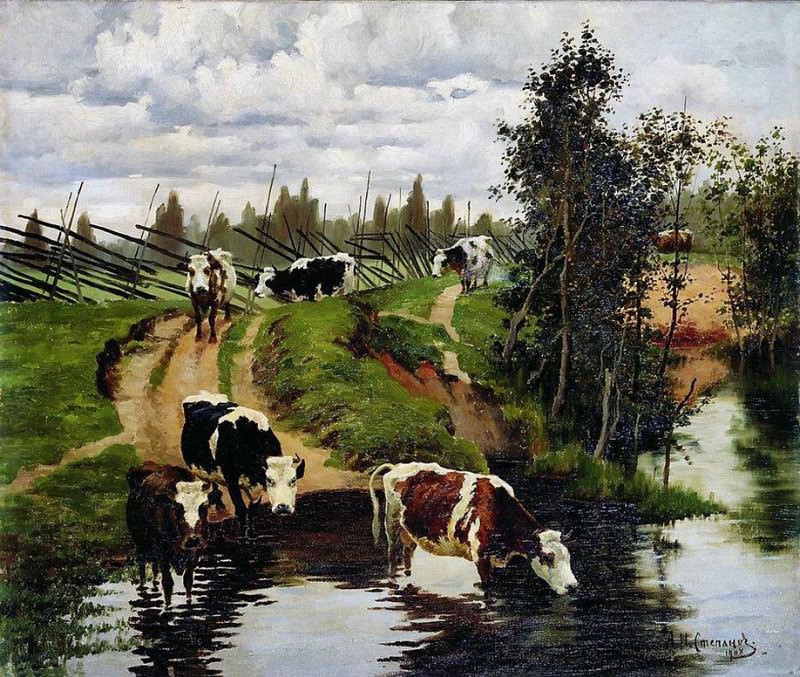 Cows at the watering hole. Alexey Stepanov