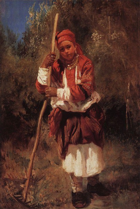Russian girl with a rake. Konstantin Makovsky