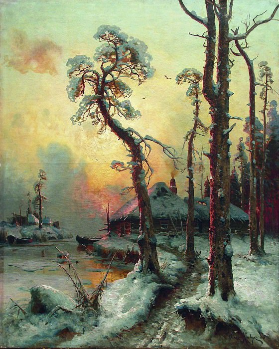 Зимний пейзаж с рекой и домами. Юлий Клевер