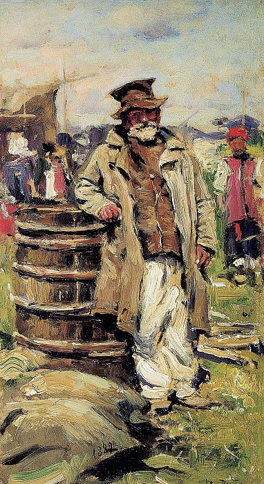 Old peasant man at barrel Sun. Vladimir Makovsky