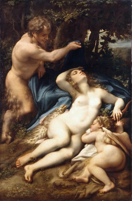 Correggio (Antonio Allegri) (Correggio c.1490 - 1534) -- Sleeping Venus and Cupid with Satyr. Part 5 Louvre