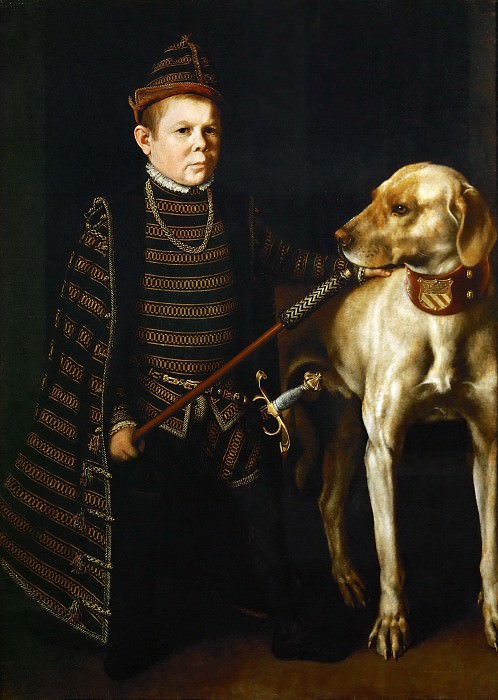 Antonis Mor -- The Dwarf of Cardinal Granvelle holding a large dog. Part 5 Louvre