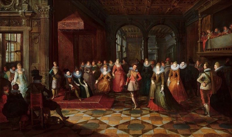 Frans Francken the Younger, Paul Vredeman de Vries, Anonymous (Southern Netherlands) - Ballroom Scene at a Court in Brussels. Mauritshuis