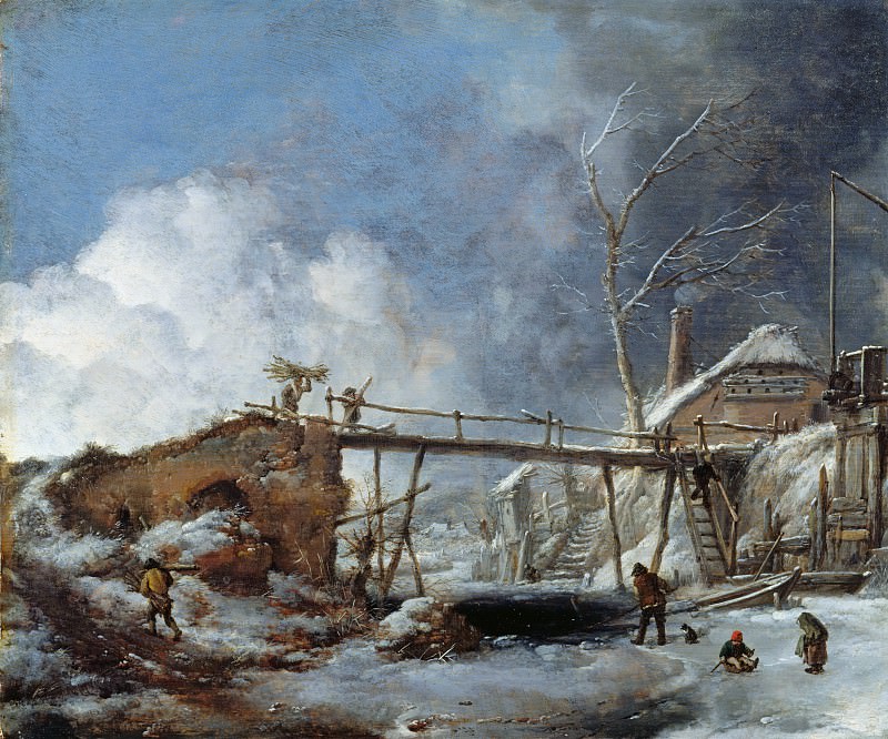 Philips Wouwerman (1619-1668) - Winter landscape with wooden bridge. Part 4