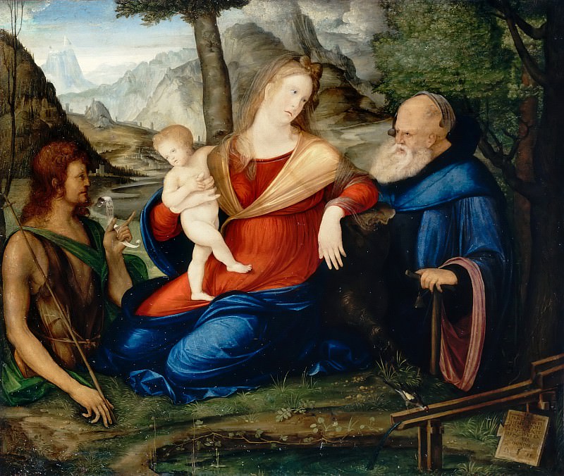 Jacopo de’Barbari -- Virgin and Child flanked by Saints John the Baptist and Anthony Abbot (The Virgin at the Fountain). Part 4 Louvre