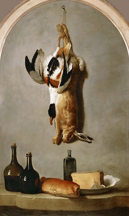 Jean-Baptiste Oudry -- Still-life (hare, duck, bottles, bread, and cheese). Part 4 Louvre