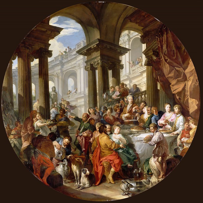 Панини, Джованни Паоло (1691 Пьяченца - 1765 Рим) -- Застолье под ионическим портиком - 1720-25, 212см. часть 4 Лувр