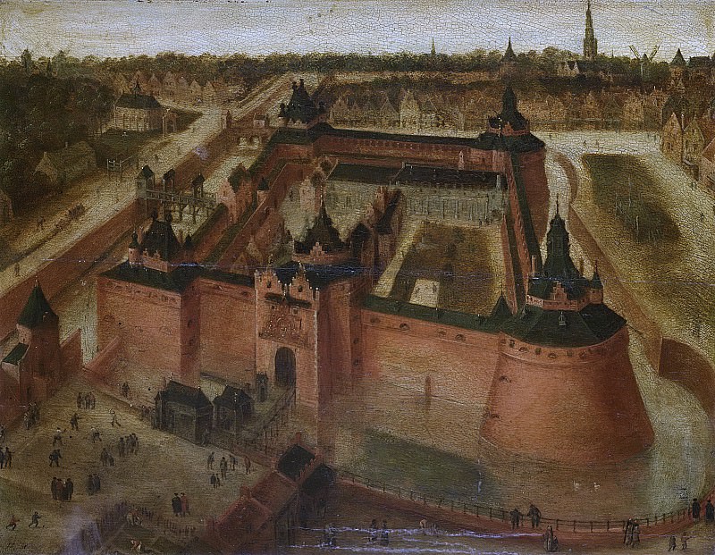 Неизвестный художник -- Замок Вреденбурх в Утрехте с высоты птичьего полета, 1550-1599. Рейксмузеум: часть 3