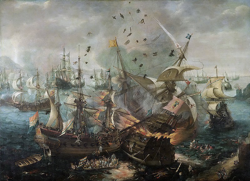 Wieringen, Cornelis Claesz. van -- Het ontploffen van het Spaanse admiraalsschip tijdens de zeeslag bij Gibraltar, 25 april 1607, 1621. Rijksmuseum: part 3